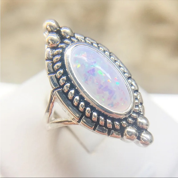 New Delicate Oval Ring White Gold Bohemian 925 Silver Retro Flower Opal Ring - Picture 4 of 8